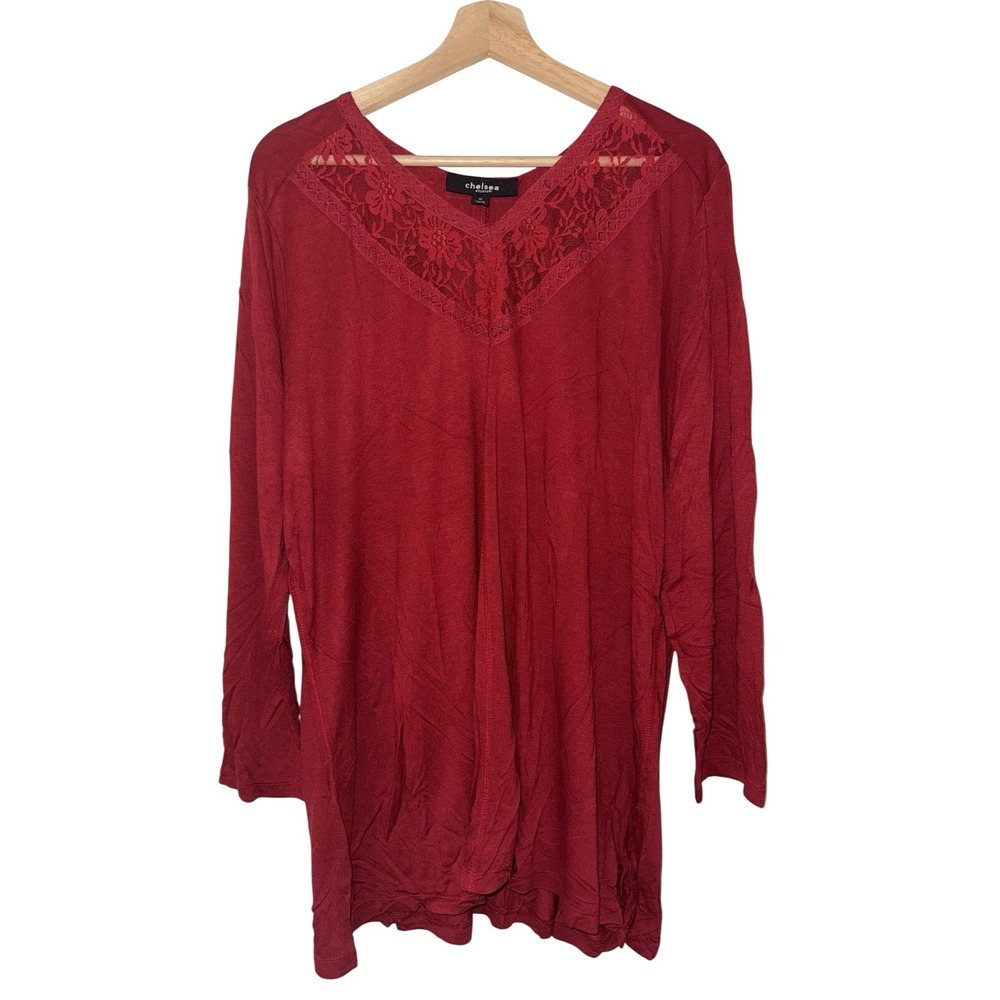 NWOT Women's Chelsea Studio Red Lace Top Front Seam 1X 22/24 Long Sleeve Shirt
